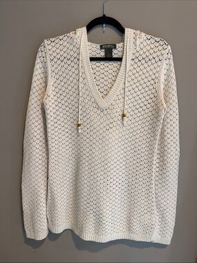 Eddie Bauer Cream Open-Weave V-Neck Pullover Hoodie with Drawstrings